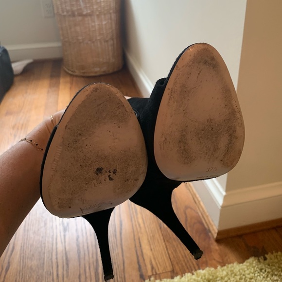 BLACK SUEDE PEEP TOE ANKLE BOOTS, By MIU MIU PRADA - Picture 4 of 5